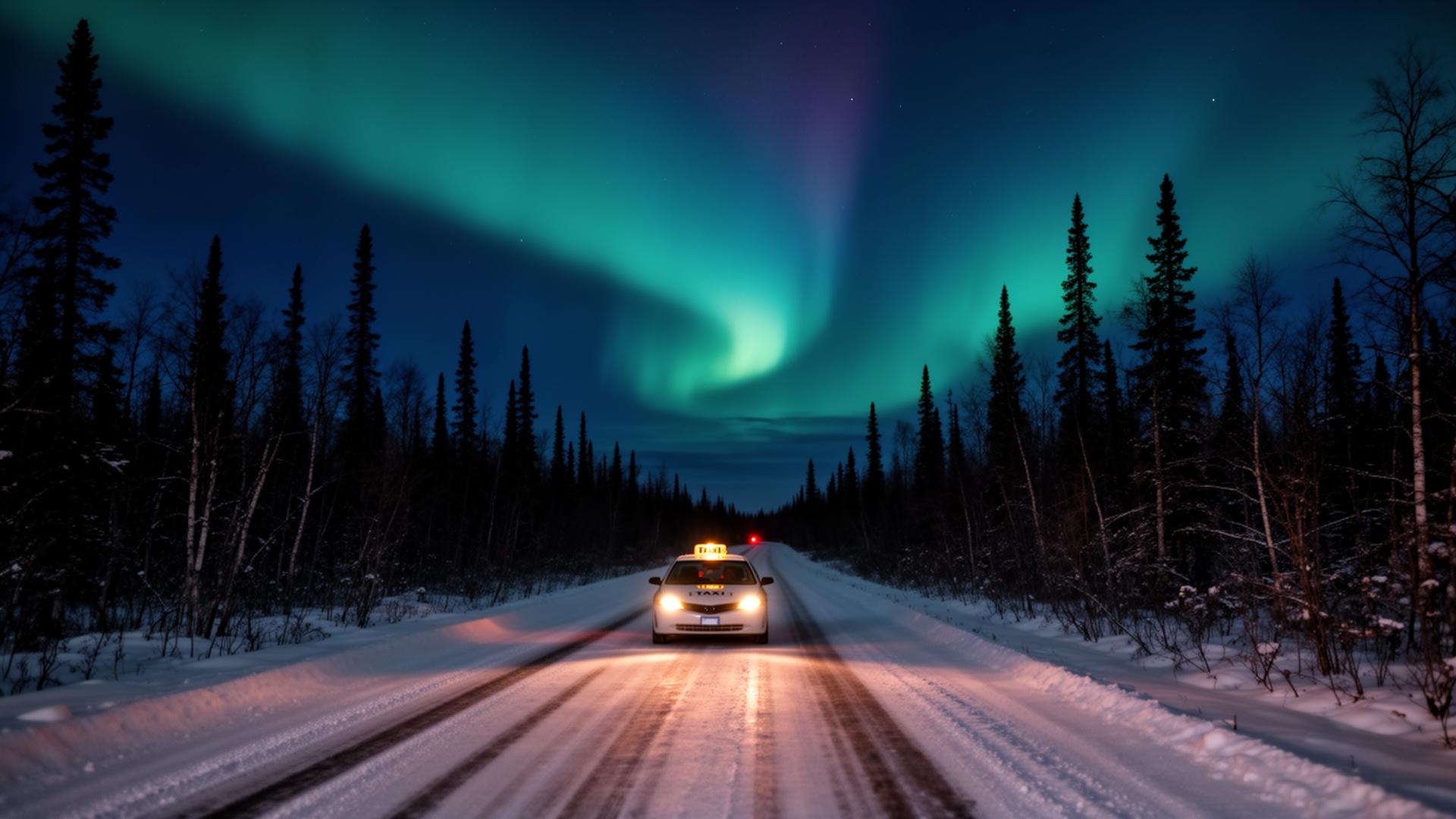 Vehicle driving under the northern lights between Elk Ridge and Waskesiu